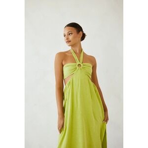 Blanco By Nature Lime Green Crinkle Gauze Halter Cutout Maxi Dress Small Peru